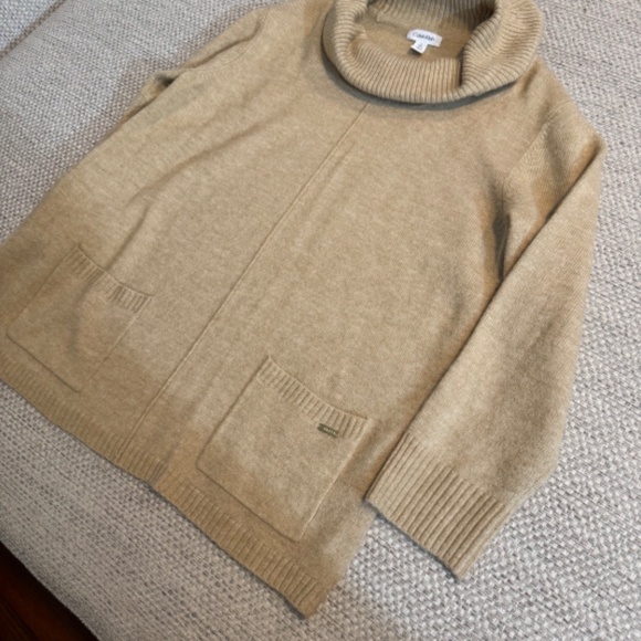 CALVIN KLEIN tan camel colored cowl neck sweater with pockets womens L - Picture 7 of 8